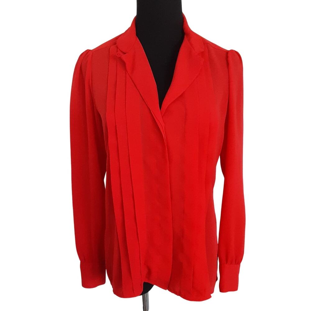 Vintage 80s Tuxedo Ruffle Blouse Cherry Red Peter Pan Collar Womens 6 Holiday